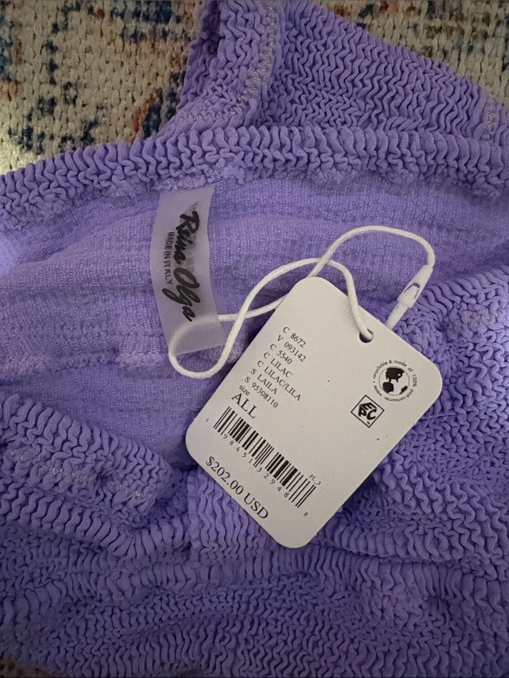 Reina Olga Leila Crinkle One Piece Swimsuit in Lilac OS NWT